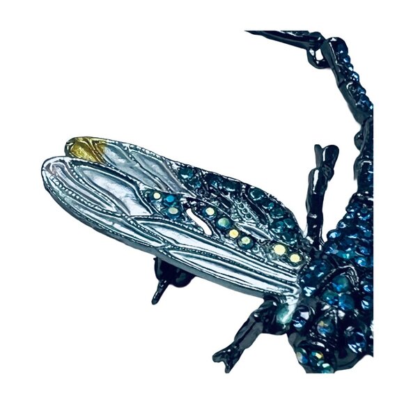 Dragonfly Brooch Pendant Articulated Tail Gunmetal Tone Blue/AB Rhinestones - Picture 3 of 11